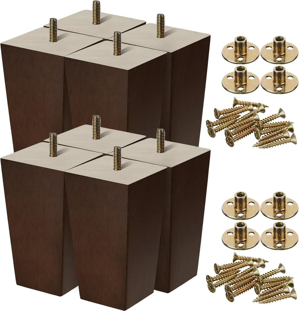 Hoteam Set of 8 Wood Furniture Legs 6 Inch Square Furniture Couch Sofa Dresser Legs Mid-Century Chair Feet Sofa Replacement Parts for Sideboard Recliner Coffee Table DIY Projects Living Room (Brown)