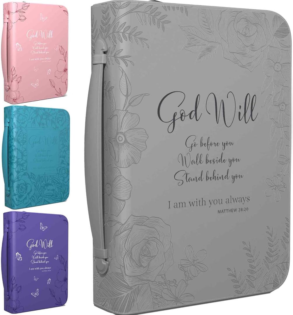 DEHITE Bible Cases for Woman  Leather Bible Covers for Women  Carrying Bag for Woman  Pen Slots  Zippered Pocket  Premium Faux Leather Holder  Christian Floral Accessories (Large, Grey)