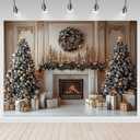 Mocsicka Christmas Fireplace Backdrop Gold Christmas Tree Fireplace Background Photography Decorations Christmas Eve Background Photo Props (8x6ft)