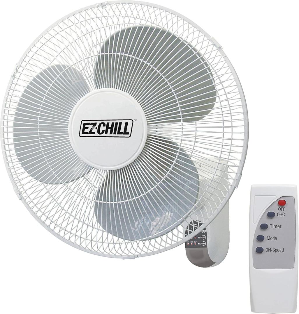 EZ-CHILL 16" Oscillating Wall Mount Fan with Remote Control, Timer, Auto Shut Off, Adjustable Tilt, Quiet, 3 Speed, Ideal for Home, Bedroom, Gym & Office, White