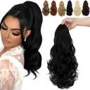 FELENDY 15" Ponytail Extension Drawstring Curly Wavy Ponytail Extensions Clip in Long Pony Tails Hair Cute Synthetic Piece for Women Dark Black