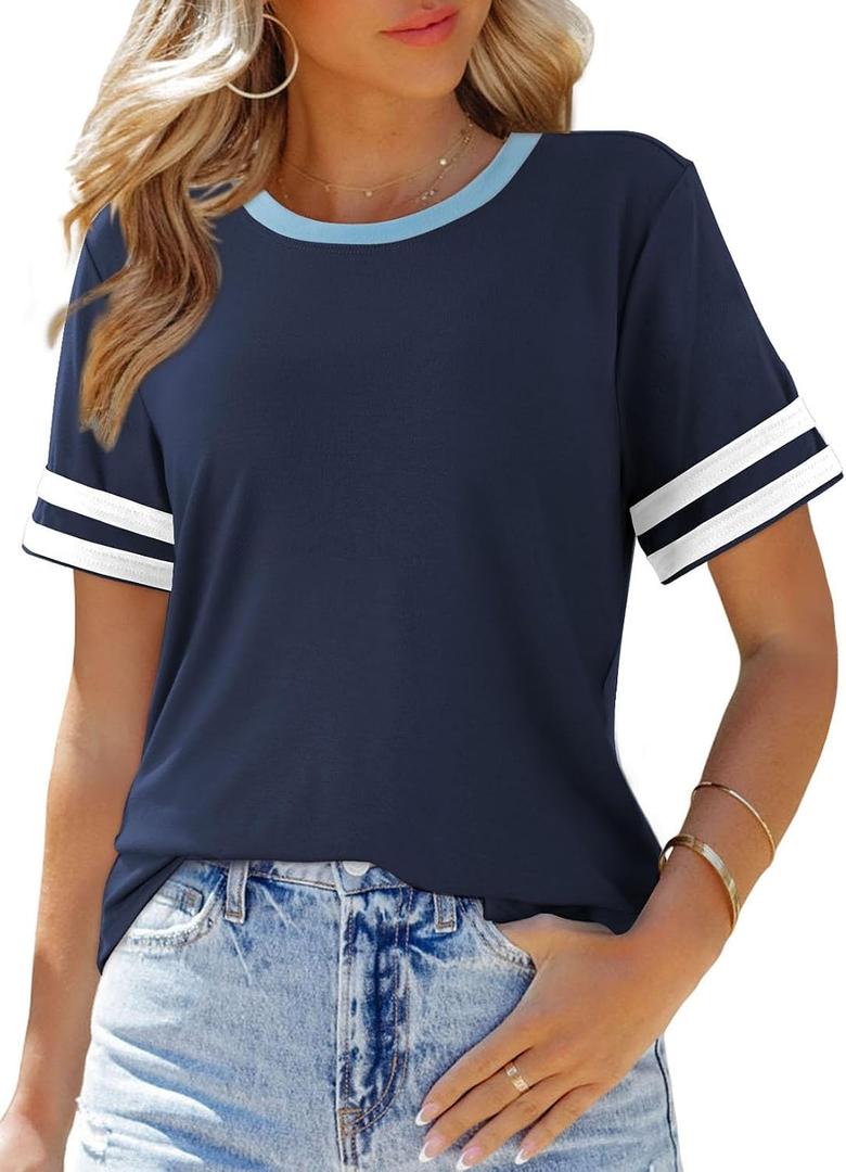 SHEWIN Women's Fashion Casual Crewneck Color Block T Shirts Short Sleeve Summer Tops Tees Slim Fit (XL)