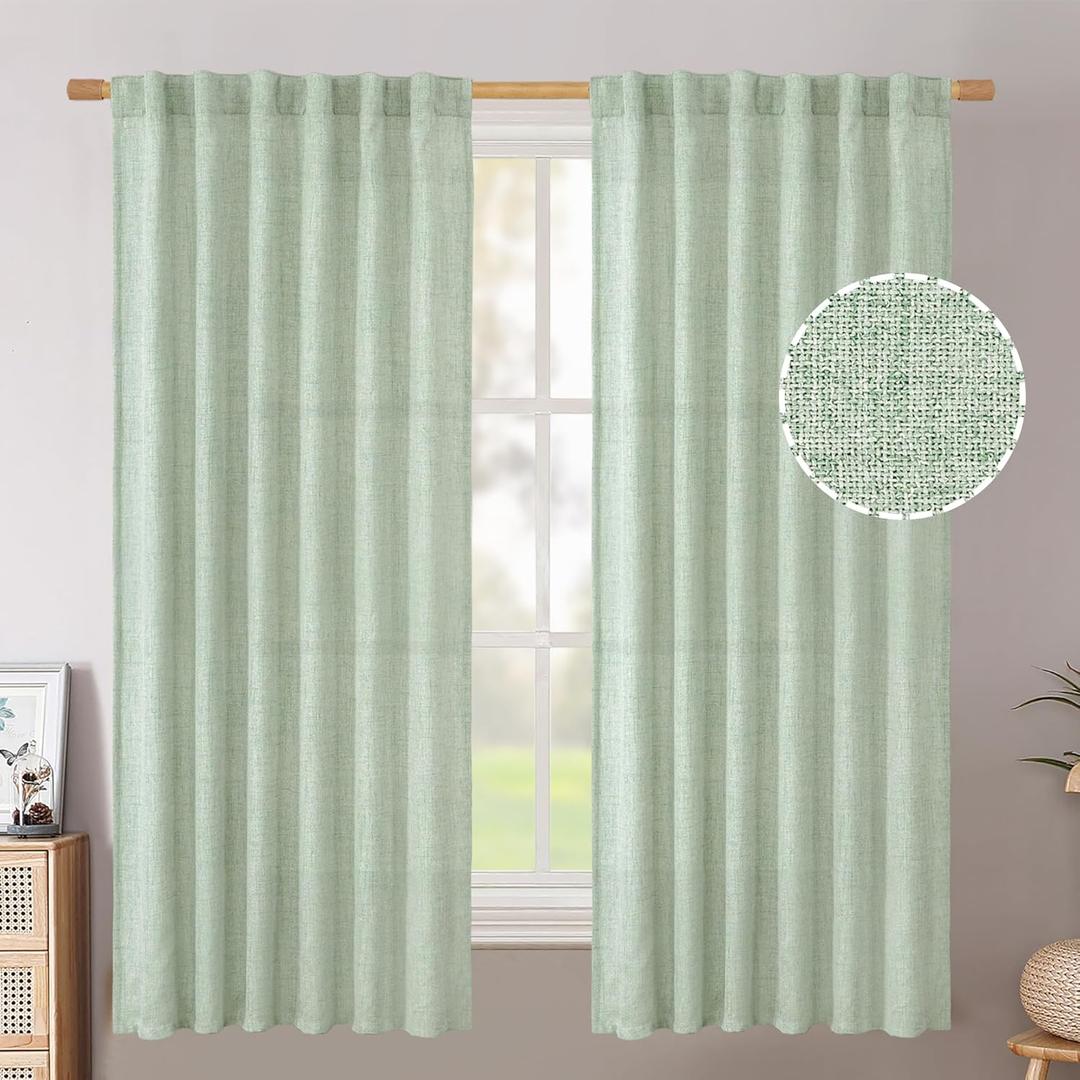BGment Sage Green Linen Curtains 63 Inch Length for Living Room 2 Panels - Rod Pocket Light Filtering Semi Sheer Drapes Neutral Privacy for Bedroom/Office/Country Back Tab, 52 Inch Wide Each Panel