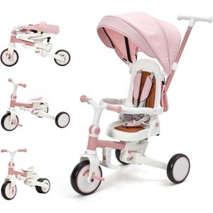 Garvee 7-in-1 Foldable Baby Tricycle with Push Handle, Toddler Trike with 360° Rotatable Seat, Safety Harness & Removable Canopy, Kids Balance Bike & Stroller Modes, Pink