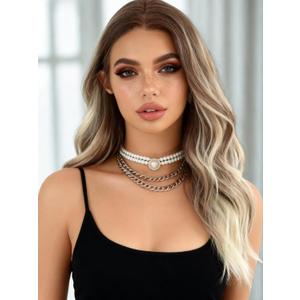 Ombre Highlight Brown Platinum Blonde Lace Front Wig Pre Plucked 18 Inch Medium Length Wavy Glueless Mixed White Dark Brown HD 13x4 Synthetic Lace Front Wigs for Women