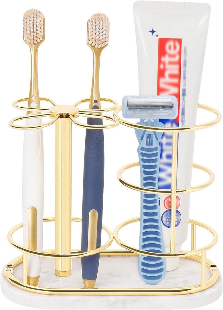 HarJue Toothbrush Holder Stand for Bathroom, Metal Toothbrush Organizer with Marble Base, Toothbrush Storage Collection for Family, Suitable for Home Hotel Countertop Vanity (Medium, Gold)