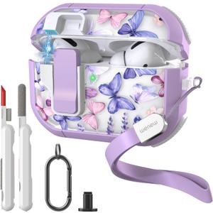 WENEW Case for AirPods Pro & Pro 2 Case Cover Secure Lock Automatic Snap Switch Clip Cleaner Kit Lanyard Women Stylish Hard Shell Full Body Front LED Visible (Purple Butterfly, AirPods Pro & Pro 2)