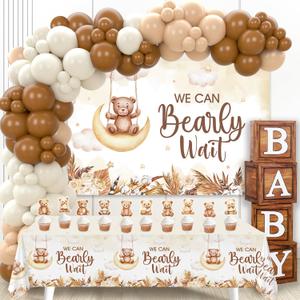 Teddy Bear Baby Shower Decorations - Baby Boxes with Letters,Boho Balloons,We Can Bearly Wait Backdrop,Cake Topper,Tablecloth for Baby Shower,Gender Reveal Party Supplies (Brown)