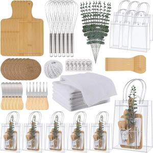 67Pcs Baby Shower Prizes for Game Winners Baby Shower Games Prizes 6 Sets Bamboo Cheese Board Spoon Fork Knives Towel Rattan Coasters Artificial Eucalyptus Stems Thank You Card Stirrers Gift Bags