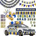 58pcs Graduation Car Decorations 2026 Set – Blue Gold Magnets Tinsel Garlands Banners Balloons Kit for Class of 2026 Party, Parade Float, Indoor Outdoor Hanging Decor