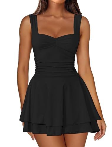 IWD Square Neck Flowy Mini Dress for Women Sleeveless Tank Top Ruched Waist Tiered Ruffle Hem Party Short Dresses Black, Size Small