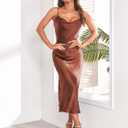 Women's Spaghetti Strap Midi Satin Silk Dresses Slip Cowl Neck Party Cocktail Evening Sexy Dress (Brown, XL)