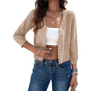 Women Crop Cardigan Sweaters Lightweight 3/4 Sleeve Button Up Crochet Shrug
 M
