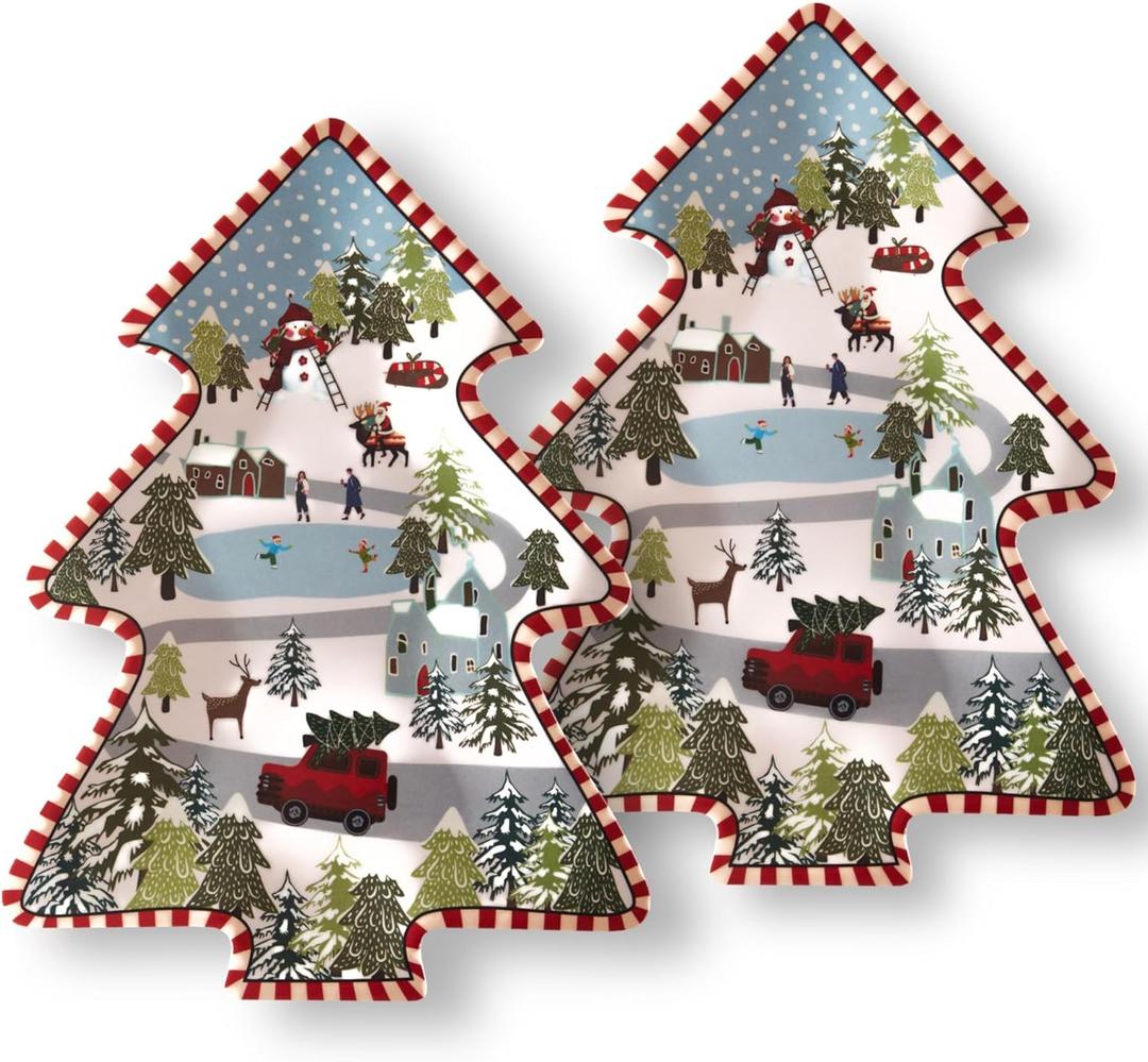 Christmas Tree Melamine Tray - Santa & Snowman Pattern | Ideal for Holiday Treats, Candy, and Feasts | Festive Tableware for Christmas Parties (2 Pcs)