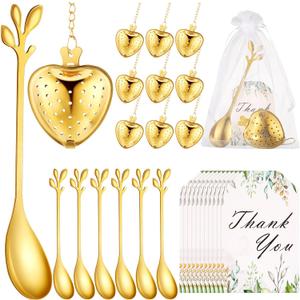 25 Sets Bridal Shower Tea Party Favor for Guest Leaf Tea Spoon Heart Shape Infuser Ball for Loose with Thank You Card Organza Bag Wedding Souvenir Gift, Gold