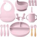 LITTLE RAWR Silicone Baby Feeding Set 14 Pcs, Baby Led Weaning Supplies, Baby Spoons Suction Bowl Divided Plate Bib Cup Finger Brush, First Stage Solid Food Eating Utensils - 6+ Months(Light Pink)