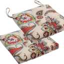 2-Pack Outdoor/Indoor Wicker Patio Seat Cushion Pad with Ties - Dining Chair Cushion, 17" x 17" (Khaki Floral)