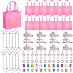 Hungdao 72 Pcs Princess Party Favor for Girls Christmas Goodie Bags Gift for Princess Birthday Pretend Jewelry Toys Bulk Includes Goodie Bags, Crowns and Tiaras, Rings, Earrings Wands for Xmas Decor