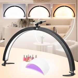 HITTI 29in Large Half Moon Light for Nail Desk with Phone Holder, Foldable Nail Tech Light, Lash Table Lamp with Wire Controller & Remote, 7 Color Modes 10 Brightness for Extension Tattoo Craft Beauty (Black)