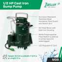 Zoeller M98 Flow-Mate Sump Pump - 1/2 HP - Cast Iron - LED Power Plug - High Flow - Vortex Impeller - Stainless Steel Hardware - Factory Tested and Float Operated - Submersible Sump Pump - 115V