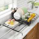 Ekisemio Expandable Dish Drying Rack for Kitchen Counter, Large Capacity Dish Drainer with Utensil Holder & Drip Tray, Space Saving Organizer (12.7"-21.7" x 17"), Black