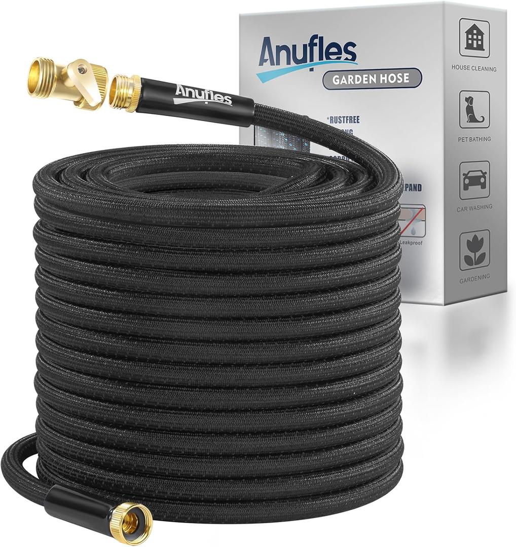 Garden Hose 50FT, Lightweight 3-Layer PVC Flexible Water Hose, No Kink, Leak-Resistant, High-Pressure with Metal Fittings, Durable for Outdoor, Gardening, Washing Cars, Easy to Store (Deep Black)