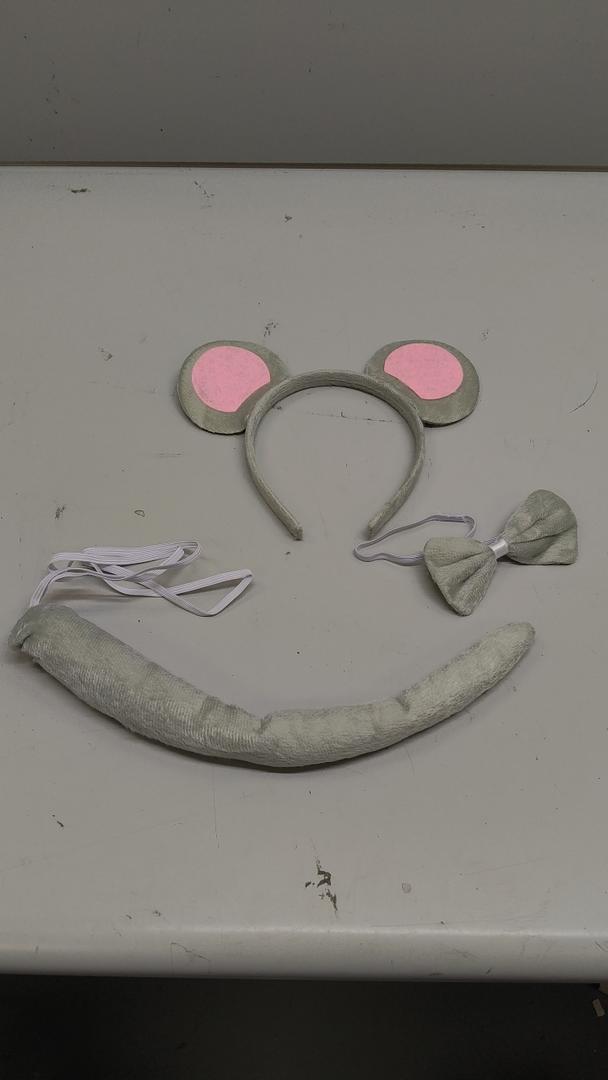 Mouse Costume Ears-Headband-Tail-Bow-Tie Accessories Set : Standing Up Grey and Pink Ears Headband and Tail, Bow Tie Mouse Halloween Accessories Set - for Adult Toddlers and Kids