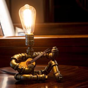 Music Guitar Table Lamp,Steampunk Table Lamp,Retro Guitars Steampunk lamp,Cool Industrial Metal Tube Robot Lamp Gifts for Music Lovers (Bronze/With guitar)