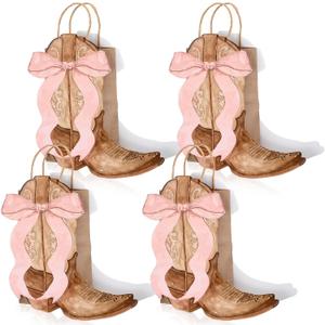 Sinload 24 Western Gift Bags Cowgirl Cowboy Boots Paper Bags with Pink Bow Handles Candy Goodie Treat Grocery Shopping for Cowgirl Party Supplies Birthday Western Party Favors (Brown Style)