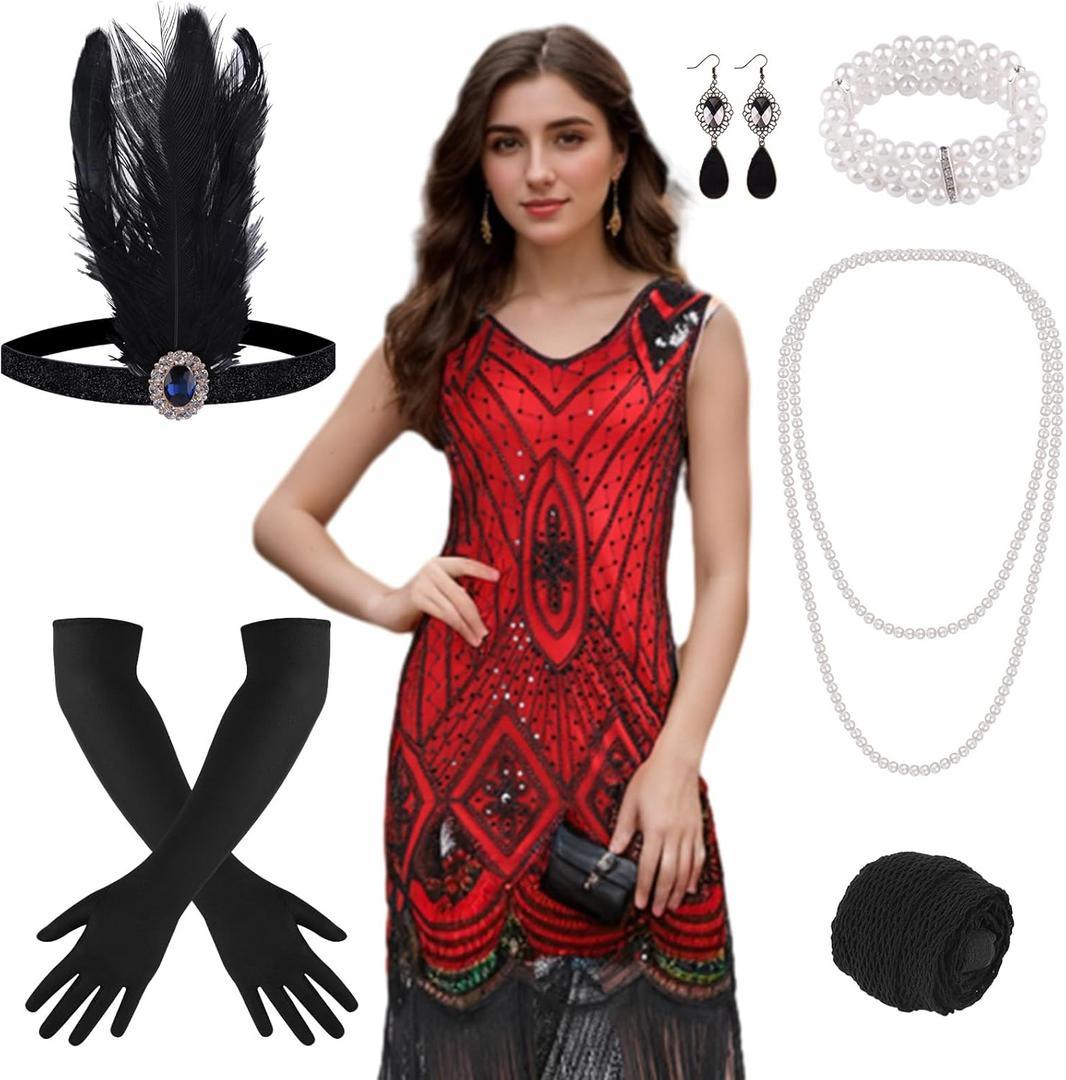 PLULON 1920s Dresses for Women, Sequin Fringed Gatsby Flapper Cocktail Dresses with 20s Accessories Set, Roaring 20s Costumes (Small, Red)