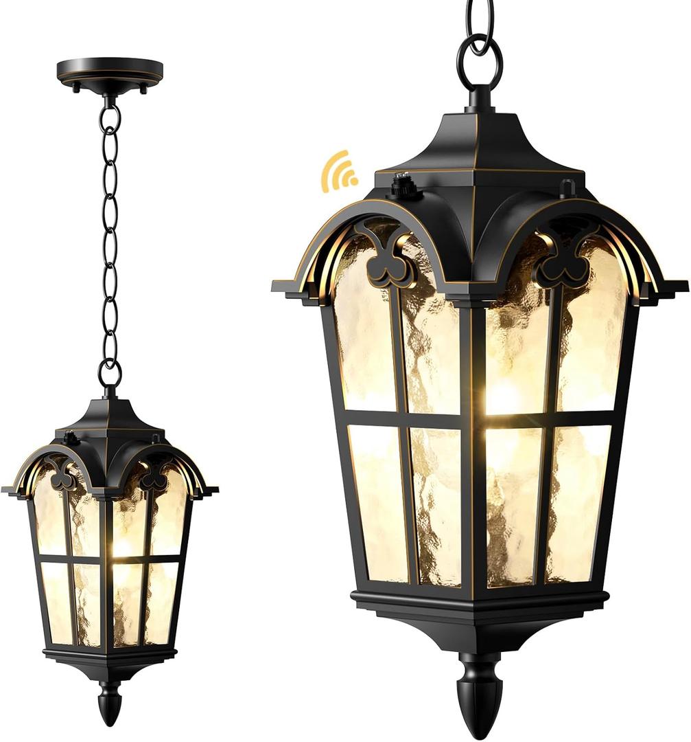 Outdoor Pendant Light Dusk to Dawn for Porch, Anti-Rust Aluminum Outdoor Chandelier, Waterproof Exterior Hanging Lighting Fixtures with Ripple Glass for Front Door, Gazebo, Black Finish with Gold Edges