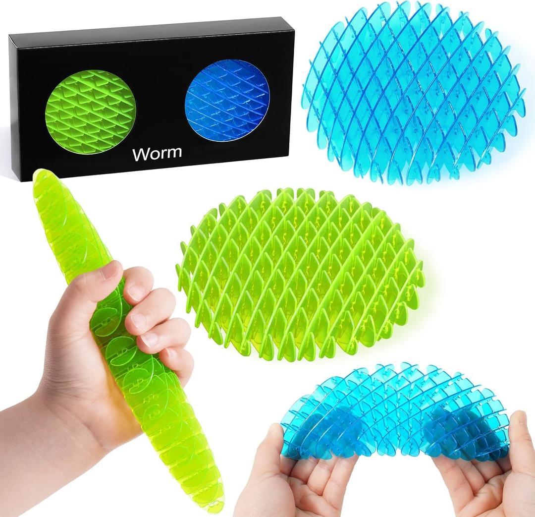 Fidget Worm Toy - Fidget Toys Adults | Sensory Toys for Kids with Autism & ADHD | Fidgets for Kids & Teens | Calming Tools for Stress | 2-Pack Quiet Fidget Toys for Desk & Classroom (Green+Blue,Small)