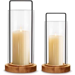 Houmury Set of 2 Hurricane Candle Holders Lantern 12 & 10with Wood Base Metal Handle Glass Cylinder Modern Farmhouse Decor for Home Decoration, Table Centerpieces (Warm Amber Brown)