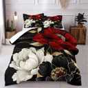 CCoutueChen Vintage Floral Comforter Set King Size Red Black White Botanical Flower Bedding Set 3 Piece Gold Leaf Bedding for Women Elegant Flowers Comforters Soft Down Alternative Comforter Sets