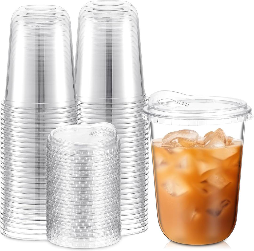 Baderke Clear Plastic Cups with Strawless Sip Lids Disposable Round Bottom Togo Cups for Coffee Smoothie Cold Beverage Coffee Shops and Party Catering(16 oz,50 Pcs)