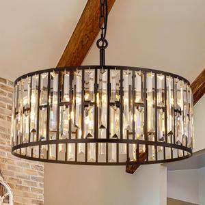 Wellmet Black Crystal Chandeliers, 5 Lights Modern Round Dining Room Ceiling Light Fixture, Farmhouse Drum Chandelier for Living Room, Bedroom, Bathroom, Kitchen, Foyer, Entryway, Hallway, W-20in