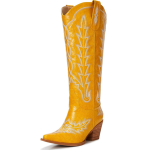Cowboy Boots for Women – Western Knee High Cowgirl Boots, Snip Toe Pull-On Style, 3" Wood-Grain Block Heel, Classic Embroidered Pattern 11