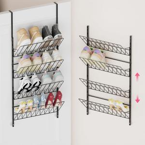 SWTYMIKI Over the Door Shoe Organizer - Adjustable 4 Tier Hanging Shoe Rack Organizer, Metal Heavy Duty Behind Door Storage or Wall Mount Shoes Shelf for Flats, Heels, Sneakers, Boots (Black)