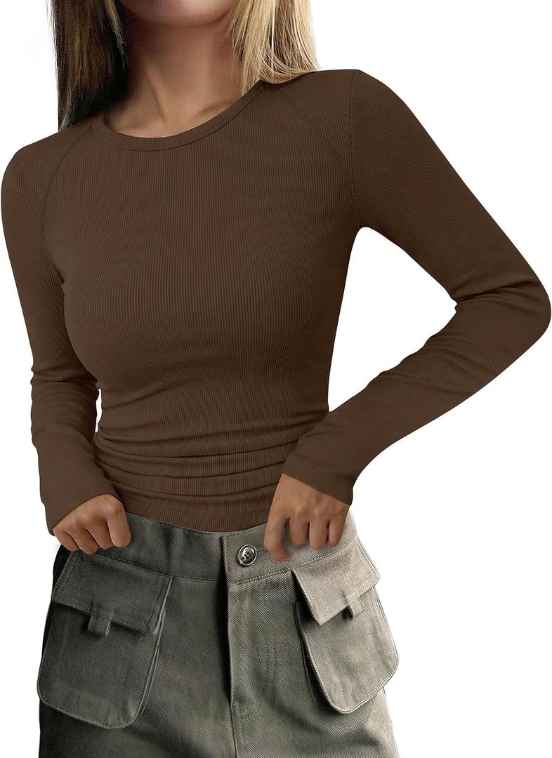 PRETTYGARDEN Long Sleeve Shirts for Women Fall Going Out Tops Casual Ribbed Knit Slim Fitted Basic Tees Y2K Spring Clothes (Brown, XS)