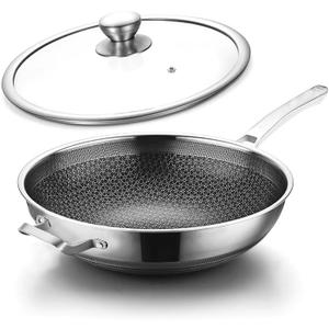 Wok Pan,Hybrid Nonstick 14 Inch Wok with Lid,Induction Non Stick Stainless Steel Large Deep Woks&Stir-Fry Pans,Stay-Cool Handle Skillets,PFOA Free Cookware