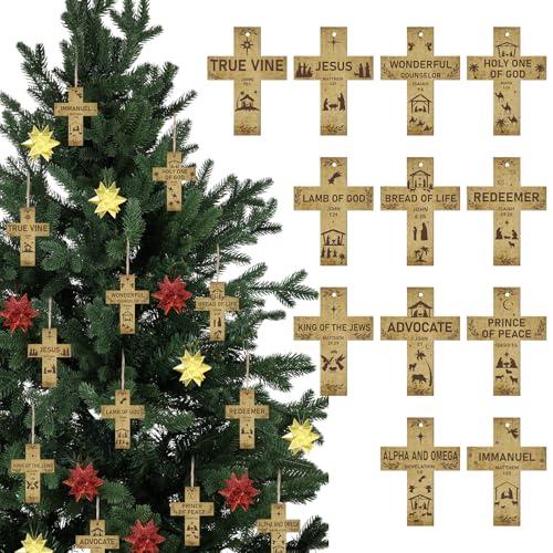 Syhood 36 Pcs Names of Jesus Christmas Ornaments Wood Cross Religious Christmas Ornaments Christian Nativity Hanging Tree Decorations with Savior Advent Religious Xmas Holiday Decor, 12 Styles