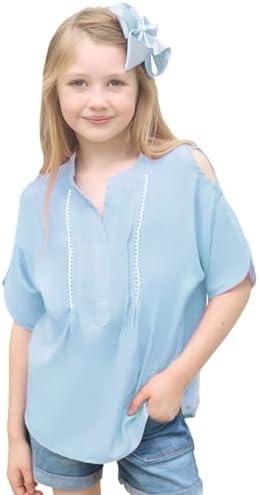 Curipeer Girl Shirt Summer V Neck Loose Short Sleeve Off Shoulder Blouse Tops Blue 10-11 T