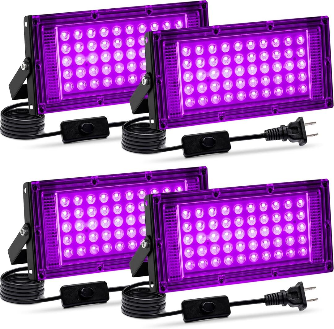 4 Pack 50W Black Light, LED Blacklight Flood Light with US Plug and Switch, Black Lights for Glow Party,Halloween,Body Painting,Birthday Party,Fluorescent Painting and Fluorescent Tapestry
