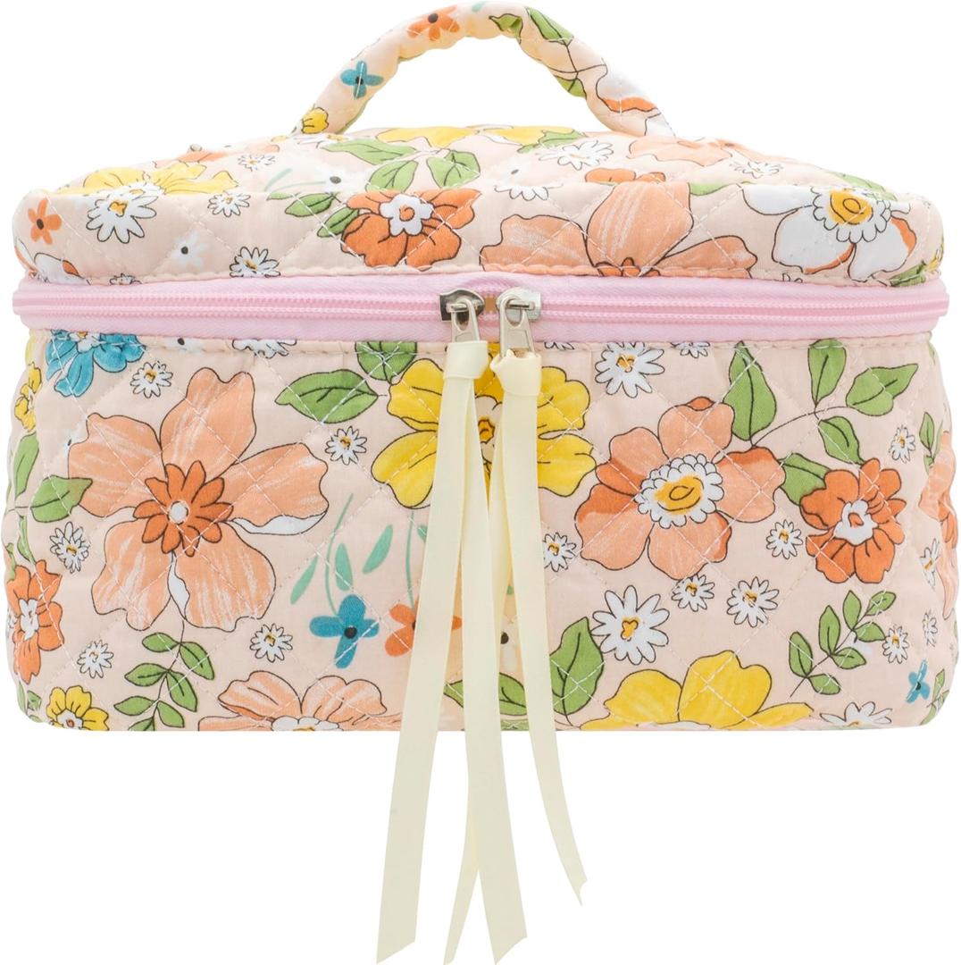 PAZIMIIK Quilted Makeup Bag Large Travel Zipper Soft Cosmetic Case for Women Girls Make Up,Floral Orange (1 PCS Bag)