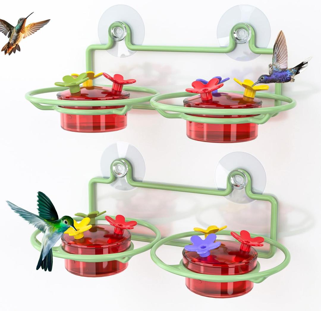 2 Pack Window Hummingbird Feeder, Small Hummingbird Feeder for Outdoors with Strong Suction Cup - Metal Base & 6 Feeding Ports, Easy to Clean and Refill, Green