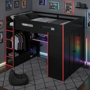 Merax Wood Full Size Gaming Loft Bed with Desk, Wardrobe, Ample Storage Space, and RGB LED Light for Bedroom, Red