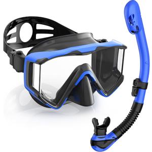 Greatever Snorkel Set Pano 3 Window Snorkel Mask Adult, Panoramic Wide View, Anti-Fog Scuba Diving Mask, Anti-Leak Snorkel Goggles Dry Top Snorkel, Professional Snorkeling Gear for Adults (Black Blue)