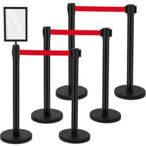 Therwen 6 Pack Heavy Duty Crowd Control Stanchions 9.8 ft Stainless Steel Stanchion Set with Safety Barrier Post Retractable Belt and Sign Holder Crowd Control Barrier(Red Belt, Black) (Black, L)