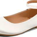 K KomForme Girl's Ballerina Flat Ankle Strap Dress Ballet Flat Shoes, 1 Big Kid, White/Satin