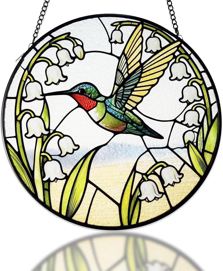 Hummingbirds Suncatcher Stained Glass, Hummingbird Suncatcher Ornament, Hummingbird Suncatcher for Grandma/Mom/Women (White Flower Bird)